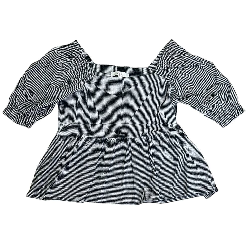 Loft Blouse Smocked Black White Gingham Puff Sleeve Square Neckline Small New